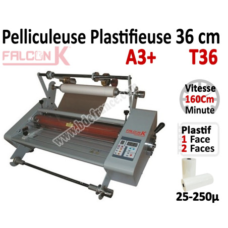Pelliculeuse et Plastifieuse en Continu - 36 cm A3 Vitesse : 160 cm/mn, 25-250µ T36 FALCONK Machine à Plastifier