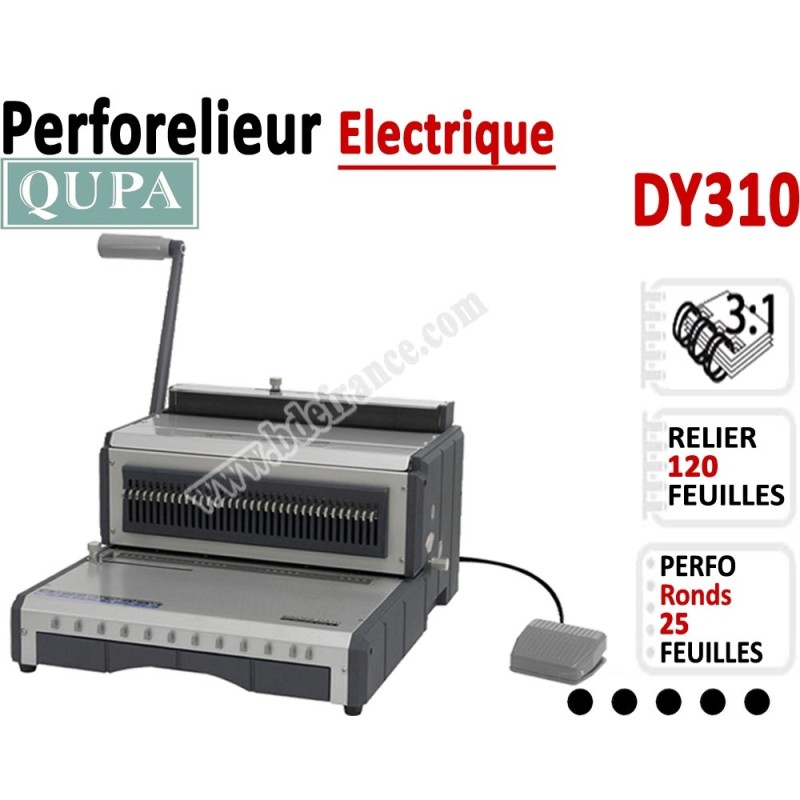 Perforelieur 3:1 électrique 25 pages A4 - Anneaux Métalliques 3:1 Trous ronds DY310 QUPA Machine à relier par anneaux Perforelieur 3:1 électrique 25 pages A4 - Anneaux Métalliques 3:1 Trous ronds DY310 QUPA Machine à relier par anneaux