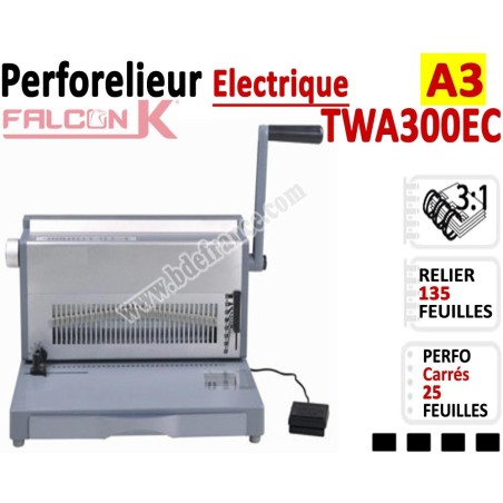 Perforelieur 3:1 électrique 25 pages A3 Anneaux Métalliques 3:1Trous Carrés TWA300EC FALCONK Machine à relier par anneaux