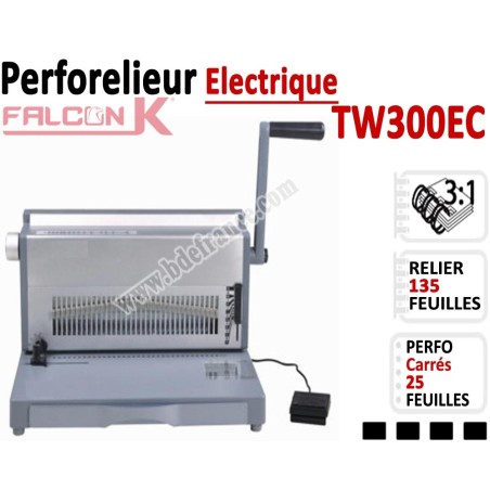 Perforelieur 3:1 électrique 25 pages A4 -Anneaux Métalliques 3:1 Trous Carrés TW300EC FALCONK Machine à relier par anneaux