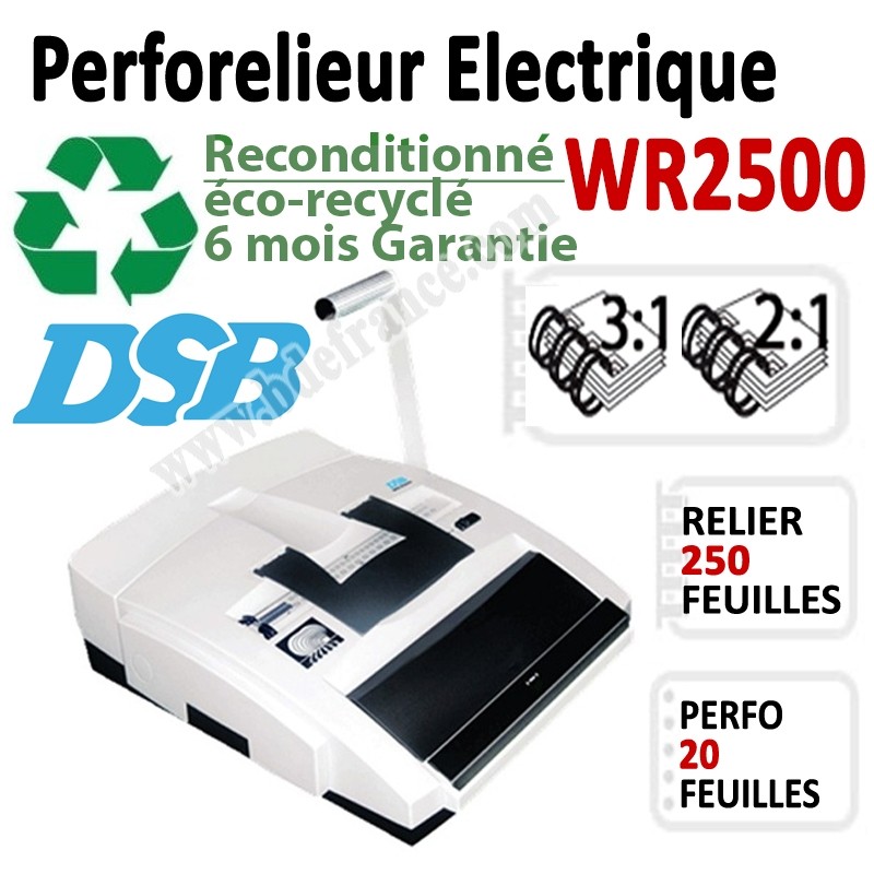 Perforelieur électrique 20 feuilles A4 - Métalliques 3:1 & 2:1 reconditionné WR2500OCCAS DSB Machine à relier par anneaux Perforelieur électrique 20 feuilles A4 - Métalliques 3:1 & 2:1 reconditionné WR2500OCCAS DSB Machine à relier par anneaux